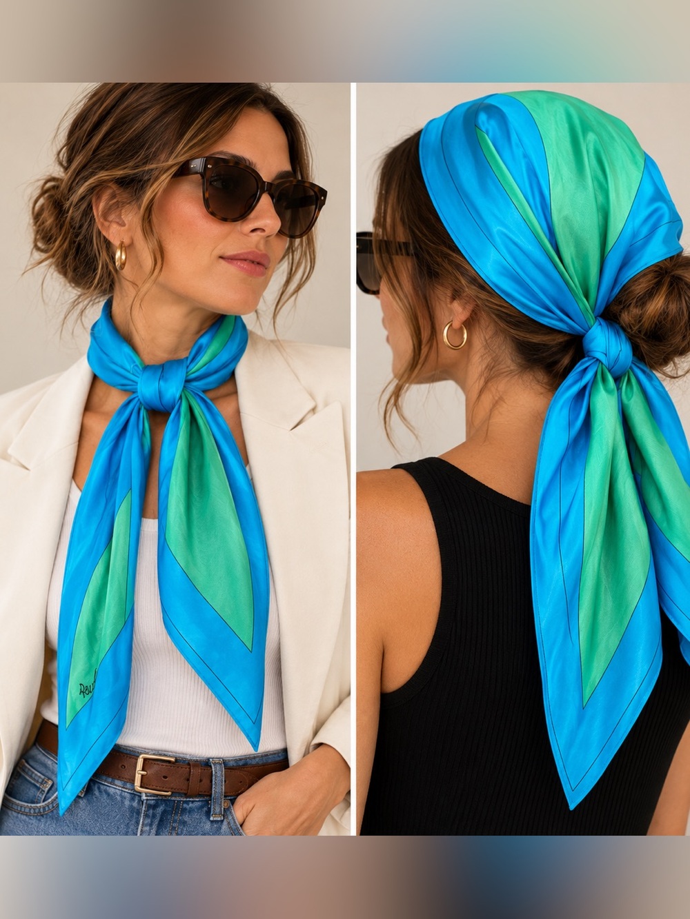 Vintage Autumne 100% Silk Scarf Turquoise & Green Abstract Geometric 27x59